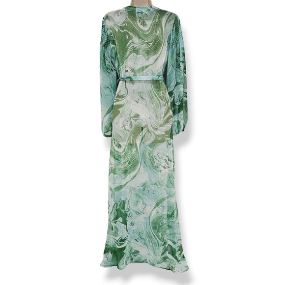 GUESS Green Marble Print Sheer Belted Maxi Duster Dress Long Sleeve Size S - Picture 3 of 8
